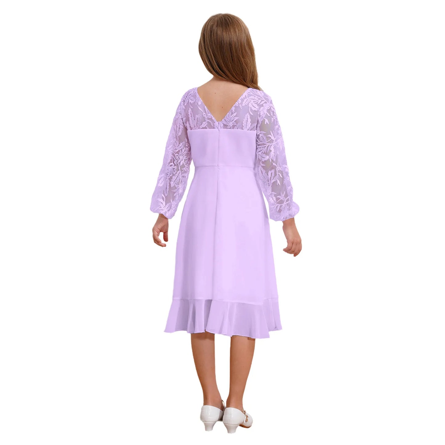 Girls Chiffon Long Sleeve High Waist Mesh Embroidery Dress (Age 8-16 YRS)