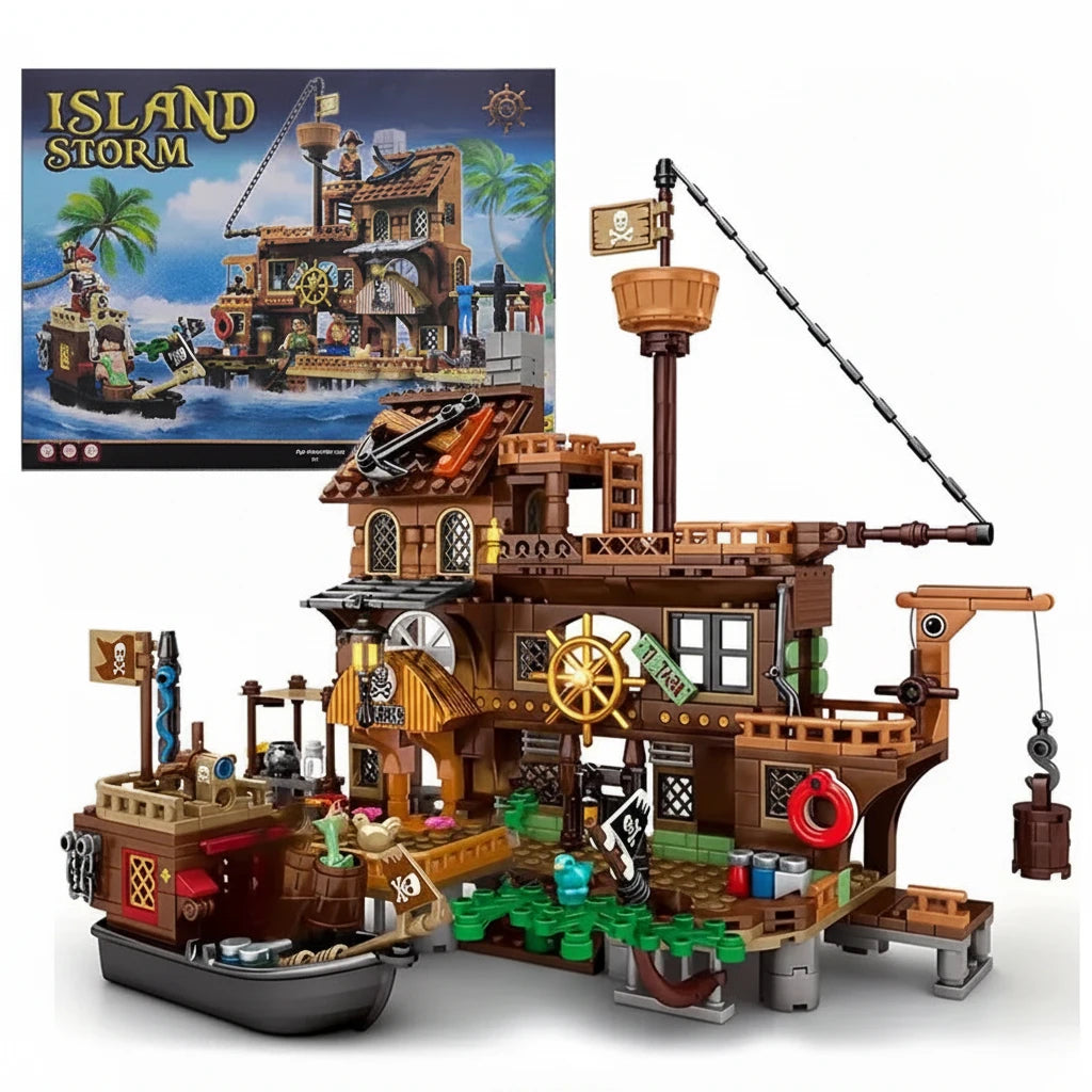 RiceBlock Island Storm Pirate Wharf Building Brick Set | Fortress, Ship & Adventure Scene Multi