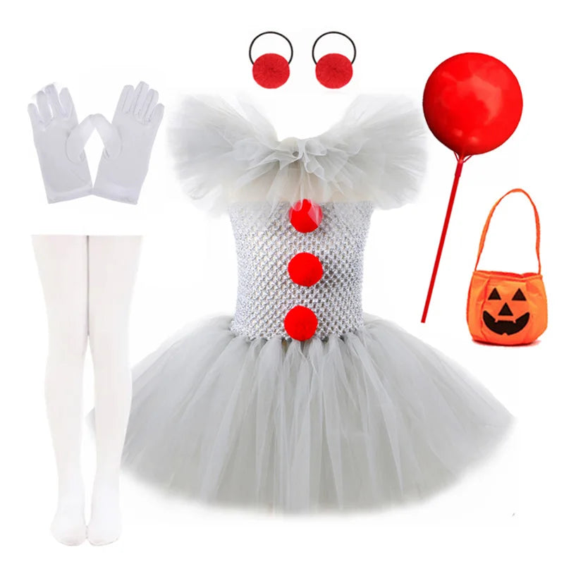 Girls Gray Joker Tutu Costume – Handmade Mesh Dress for Halloween & Cosplay | Ages 2–12Y