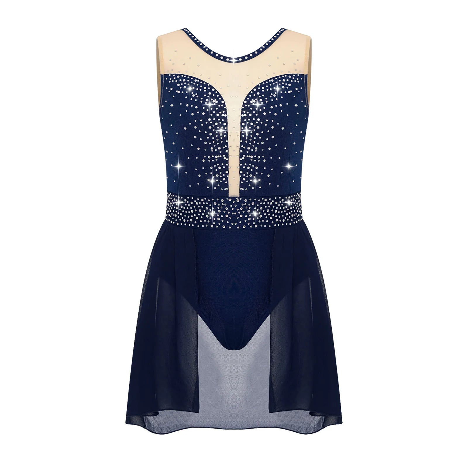 Rhinestone Gymnastics Figure Skating Dress for Teen Girls Sleeveless Sheer Mesh Tutu Ballet Leotard Lyrical Performance Costume