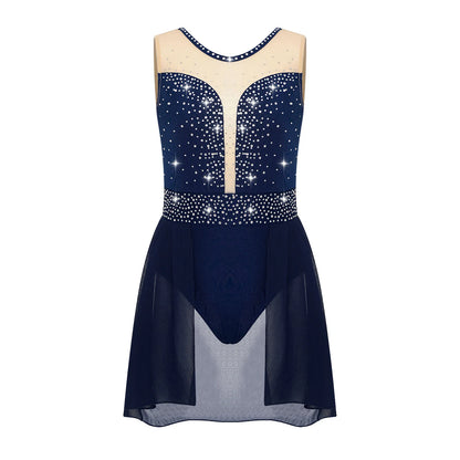 Rhinestone Gymnastics Figure Skating Dress for Teen Girls Sleeveless Sheer Mesh Tutu Ballet Leotard Lyrical Performance Costume
