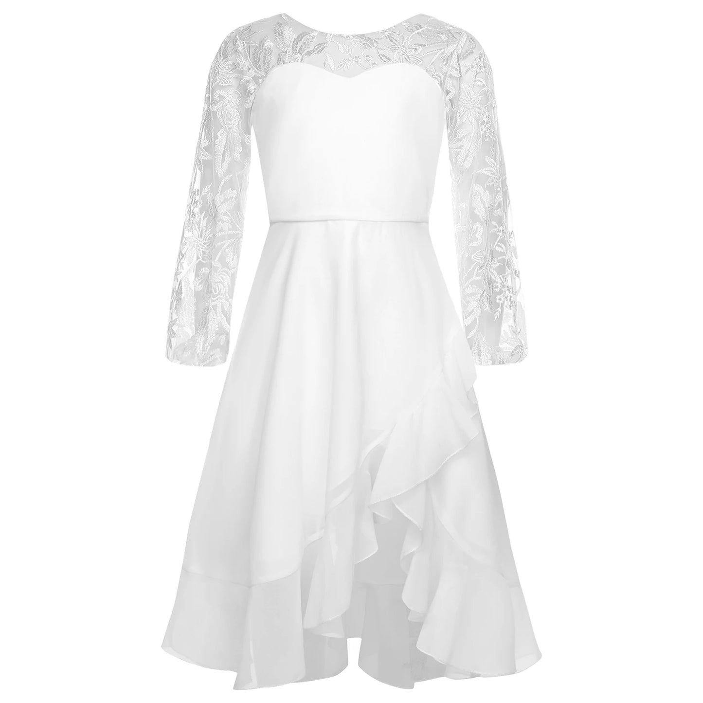Girls Chiffon Long Sleeve High Waist Mesh Embroidery Dress (Age 8-16 YRS)