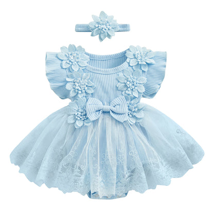 Baby Girls Floral Romper Dress (Age 3M-18M) Blue