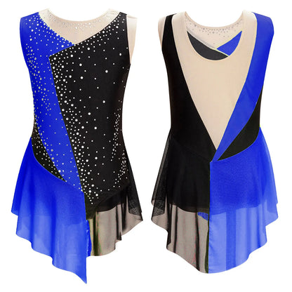 Rhinestone Gymnastics Figure Skating Dress for Teen Girls Sleeveless Sheer Mesh Tutu Ballet Leotard Lyrical Performance Costume Royal Blue