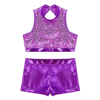 Girls Dance Costume Sequin Crop Top & Shorts Set (Age 6-12 YRS)