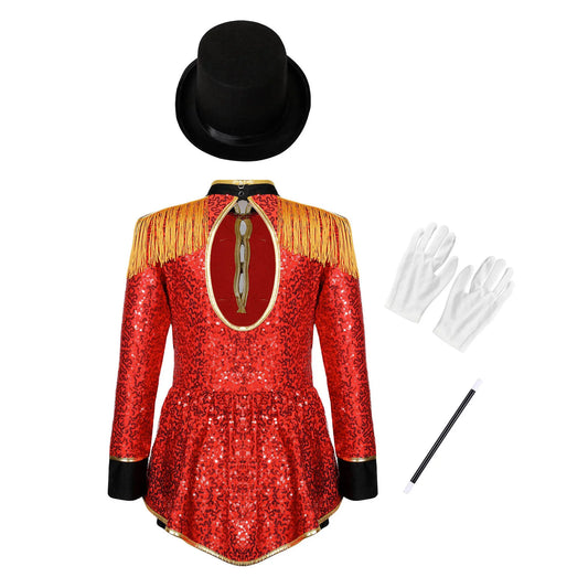 Girls Red Sequin Ringmaster Costume (Age 6-16YRS)