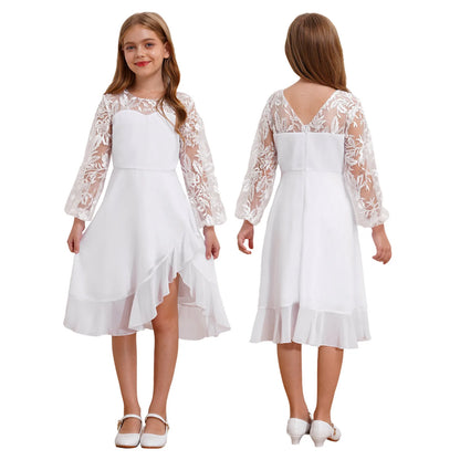 Girls Chiffon Long Sleeve High Waist Mesh Embroidery Dress (Age 8-16 YRS) White