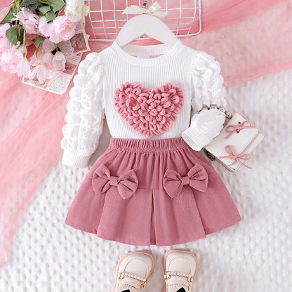 Baby/Toddler Girls Bubble Sleeve Heart Top + Pink Short Skirt Set (Age 6M-3 YRS)