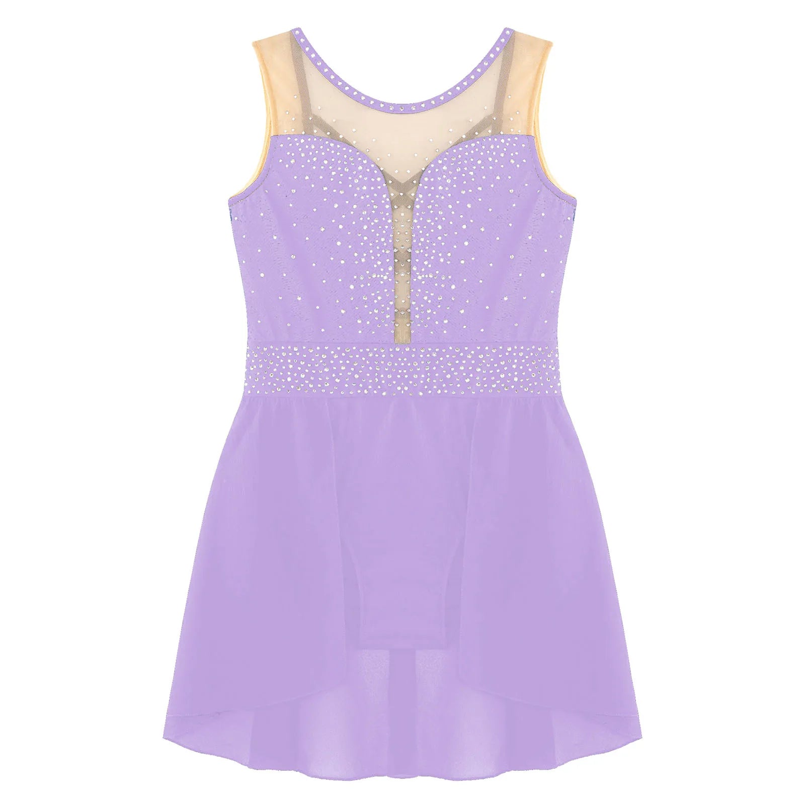 Rhinestone Gymnastics Figure Skating Dress for Teen Girls Sleeveless Sheer Mesh Tutu Ballet Leotard Lyrical Performance Costume