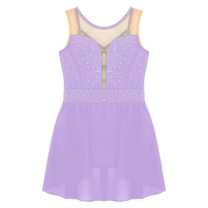 Rhinestone Gymnastics Figure Skating Dress for Teen Girls Sleeveless Sheer Mesh Tutu Ballet Leotard Lyrical Performance Costume