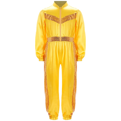 Girls Sequin Satin m Long Sleeve Zipper Jumpsuit (Age 6-16 YRS)