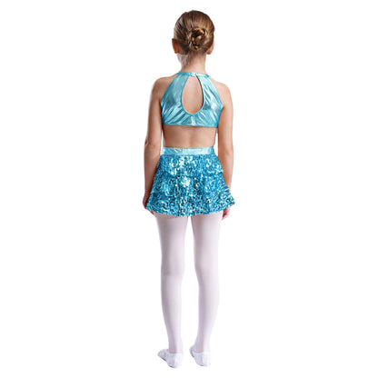 Girls Sequin Dance Sleeveless Cutout Tiered Ruffle Metallic Leotard Dress (Age 6-16 YRS)