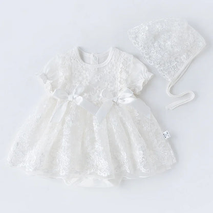 Baby Girls Short Sleeve Lace Dress & Bonnet (Age 3M-18M) White