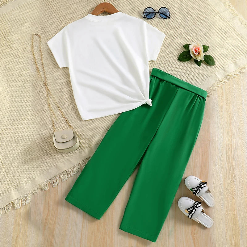 Girls Cartoon Print T-Shirt & Wide Leg Pants Set (Age 7-12YRS)