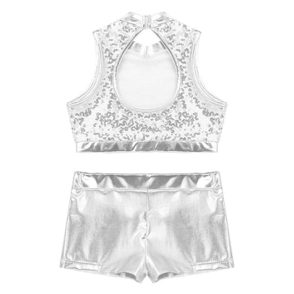 Girls Dance Costume Sequin Crop Top & Shorts Set (Age 6-12 YRS)