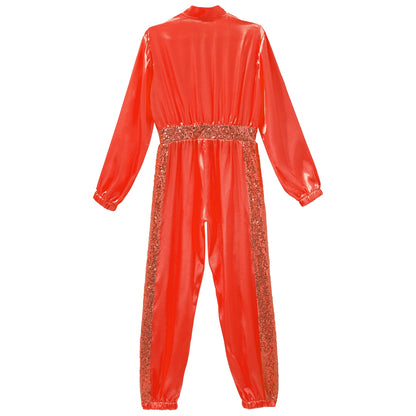 Girls Sequin Satin m Long Sleeve Zipper Jumpsuit (Age 6-16 YRS)