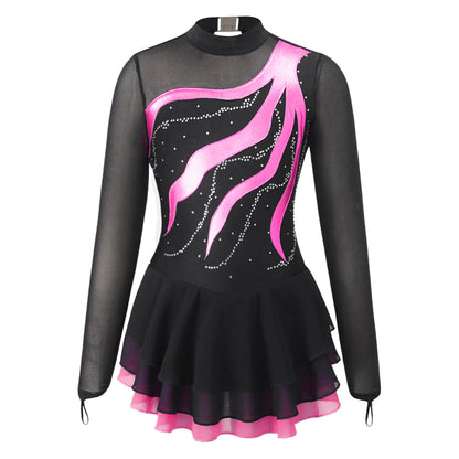 Girls Rhinestone Figure Skating Leotard Dress (Age 6-16 YRS) Hot Pink