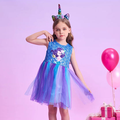 Girls Blue Mermaid Tulle Dress (Age 3-12YRS) Blue