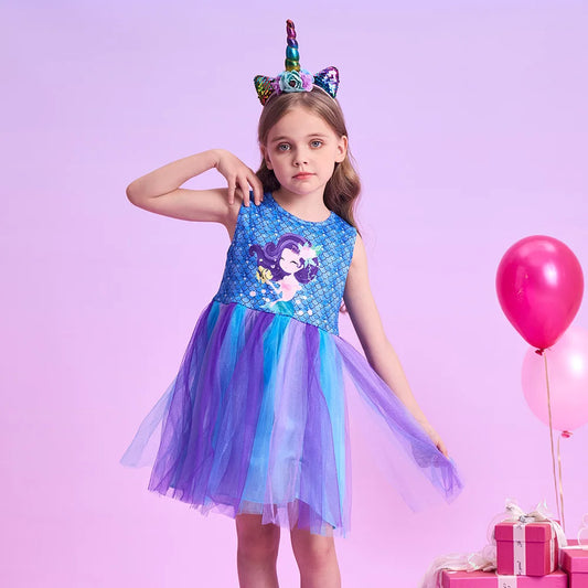 Girls Blue Mermaid Tulle Dress (Age 3-12YRS) Blue