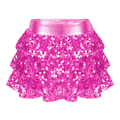Girls Tiered Ruffle Dance Metallic Shiny Shorts (Age 4-16 YEARS) Hot Pink