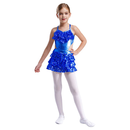 Girls Sequin Dance Sleeveless Cutout Tiered Ruffle Metallic Leotard Dress (Age 6-16 YRS)