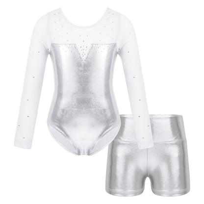 Girls Sparkly Rhinestone Ballet Dance Gymnastics Leotard & Shorts (Age 4-12 YRS)