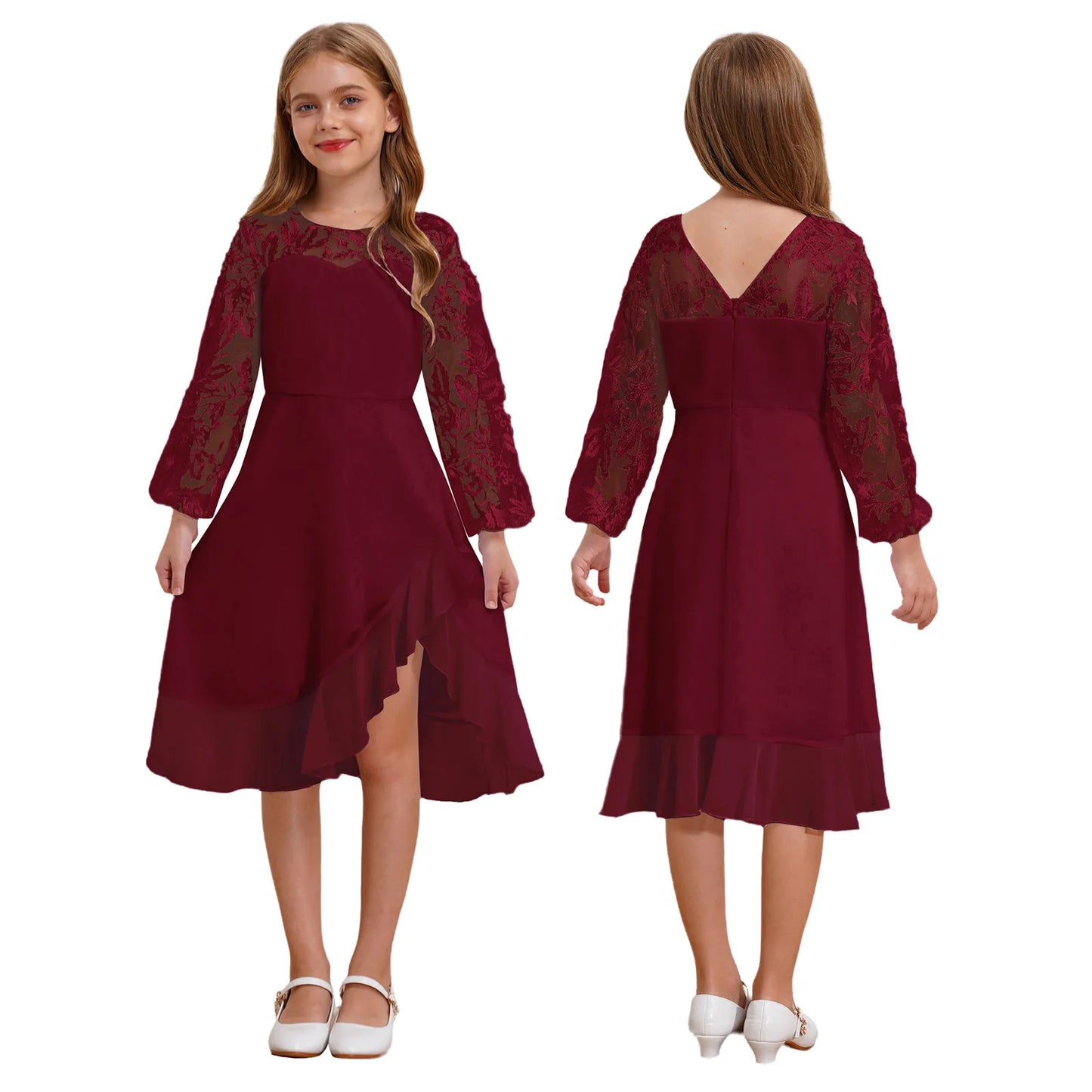 Girls Chiffon Long Sleeve High Waist Mesh Embroidery Dress (Age 8-16 YRS) Burgundy