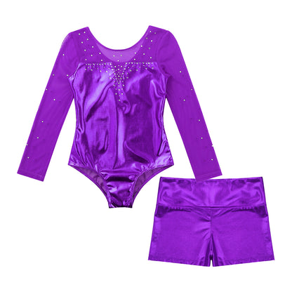 Girls Sparkly Rhinestone Ballet Dance Gymnastics Leotard & Shorts (Age 4-12 YRS)