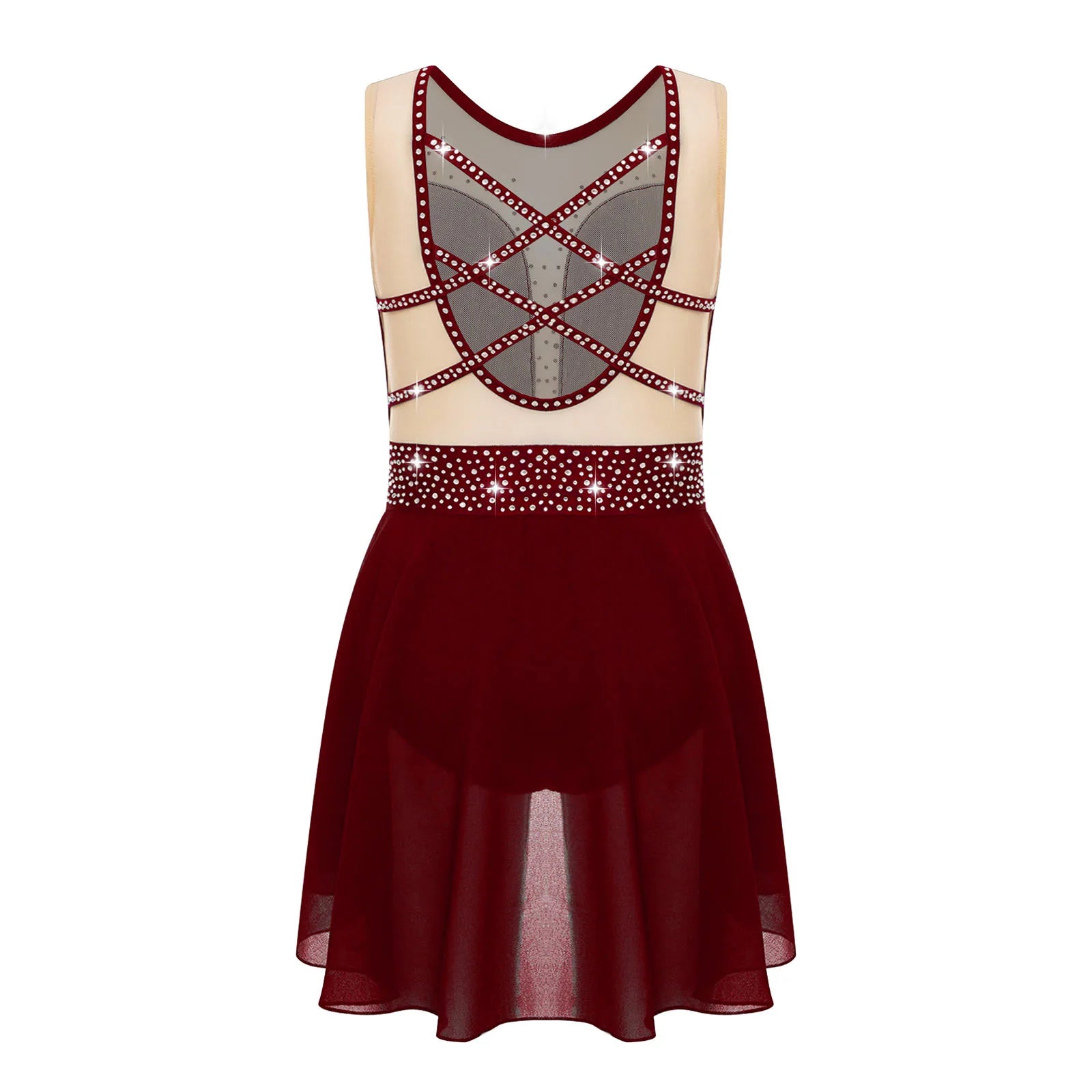 Rhinestone Gymnastics Figure Skating Dress for Teen Girls Sleeveless Sheer Mesh Tutu Ballet Leotard Lyrical Performance Costume