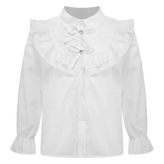 Girls White Ruffle Shirt Long Sleeve Button Down Blouse (Age 5-15 YRS)