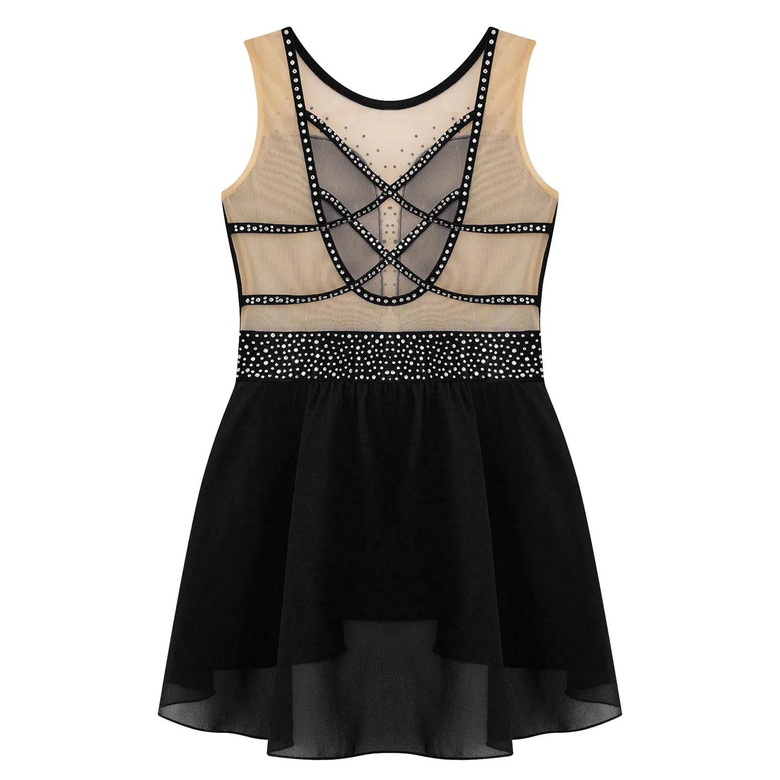 Rhinestone Gymnastics Figure Skating Dress for Teen Girls Sleeveless Sheer Mesh Tutu Ballet Leotard Lyrical Performance Costume