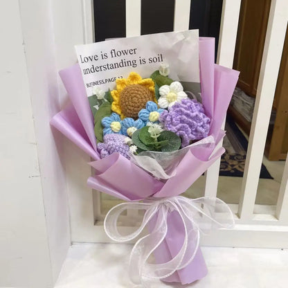 Plush Knitted Sunflowers Roses Crochet Flowers Gift Bouquet 3