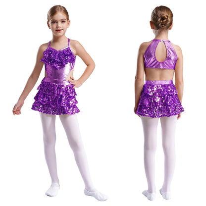 Girls Sequin Dance Sleeveless Cutout Tiered Ruffle Metallic Leotard Dress (Age 6-16 YRS) Purple