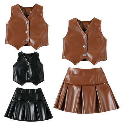 Toddler Girls Faux Leather Sleeveless Vest Top & Pleated Skirt Set (24M-6YRS)