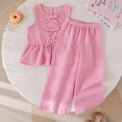Girls' Suits Pink Stripe Bow Sleeveless Vest Top & Trousers Set (Age 3-7 YRS)