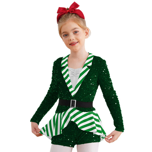 Girls Christmas Candy Cane Long Sleeve Sequin Stripe Costume (Age 6-16 YRS) Green