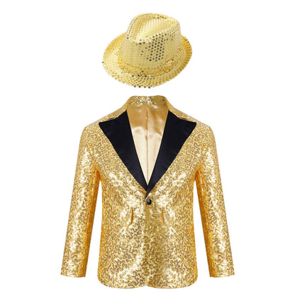 Boys Sequin Dance Tuxedo Jacket Suit & Fedora Hat (Age 6-16 YRS)