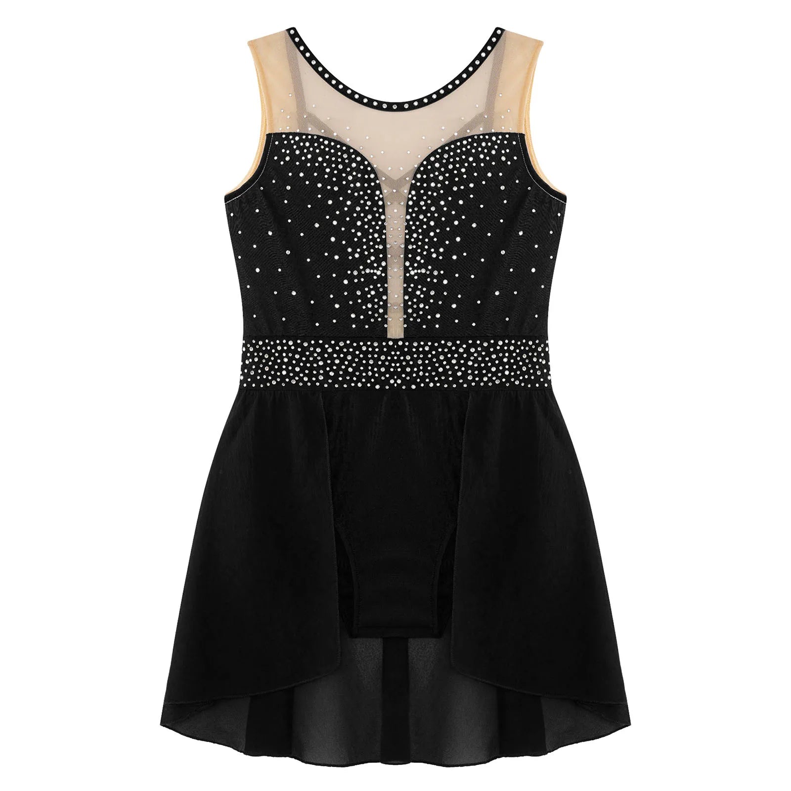 Rhinestone Gymnastics Figure Skating Dress for Teen Girls Sleeveless Sheer Mesh Tutu Ballet Leotard Lyrical Performance Costume