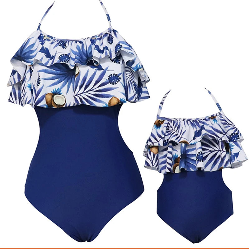 Family Matching Look Mom Girls Kids Ruffles Swimsuit Family Beach Wear Mother and Daughter Swimwear Coconut Tree Women Swimsuit