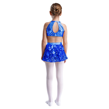 Girls Sequin Dance Sleeveless Cutout Tiered Ruffle Metallic Leotard Dress (Age 6-16 YRS)