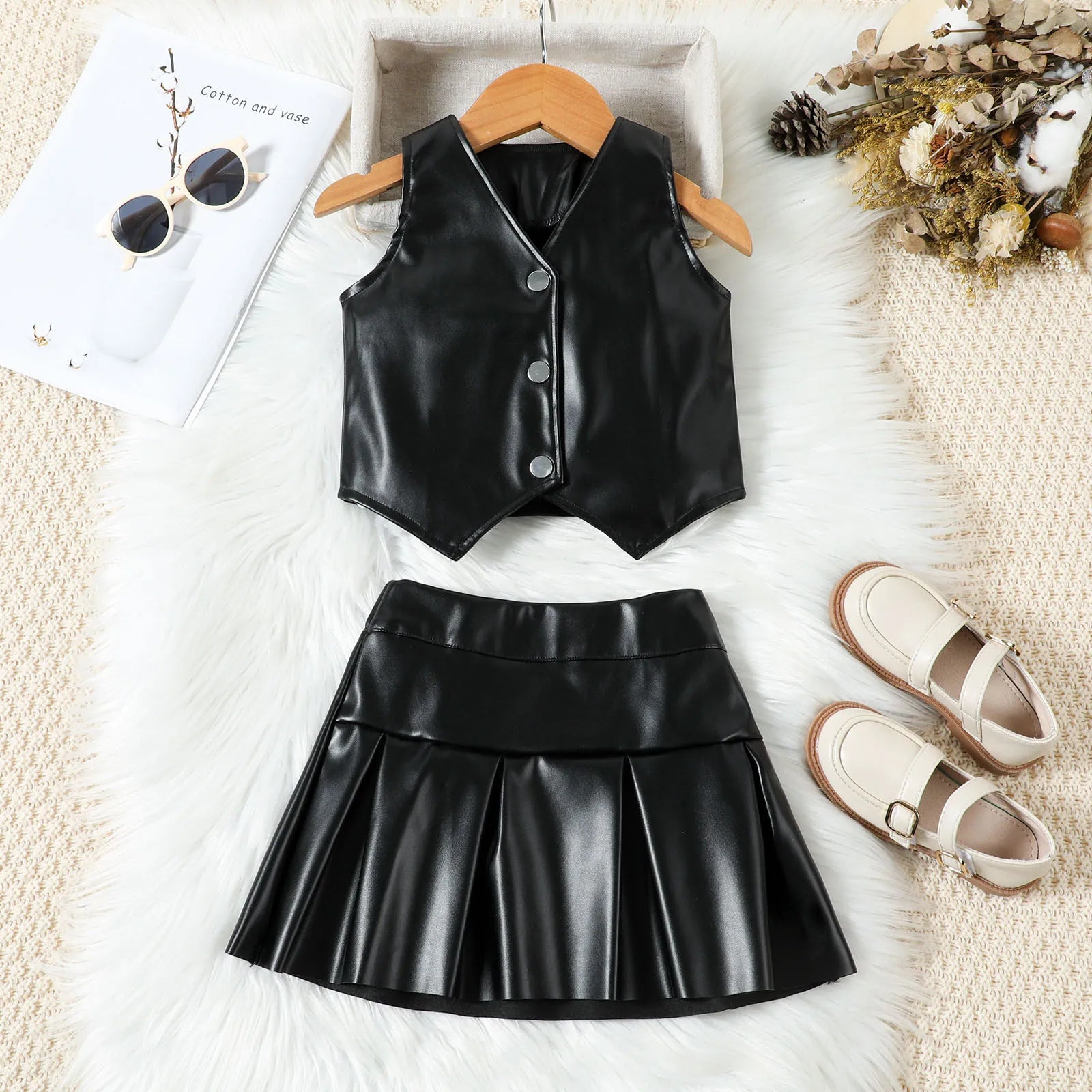 Toddler Girls Faux Leather Sleeveless Vest Top & Pleated Skirt Set (24M-6YRS)