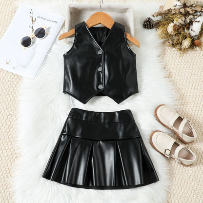 Toddler Girls Faux Leather Sleeveless Vest Top & Pleated Skirt Set (24M-6YRS)