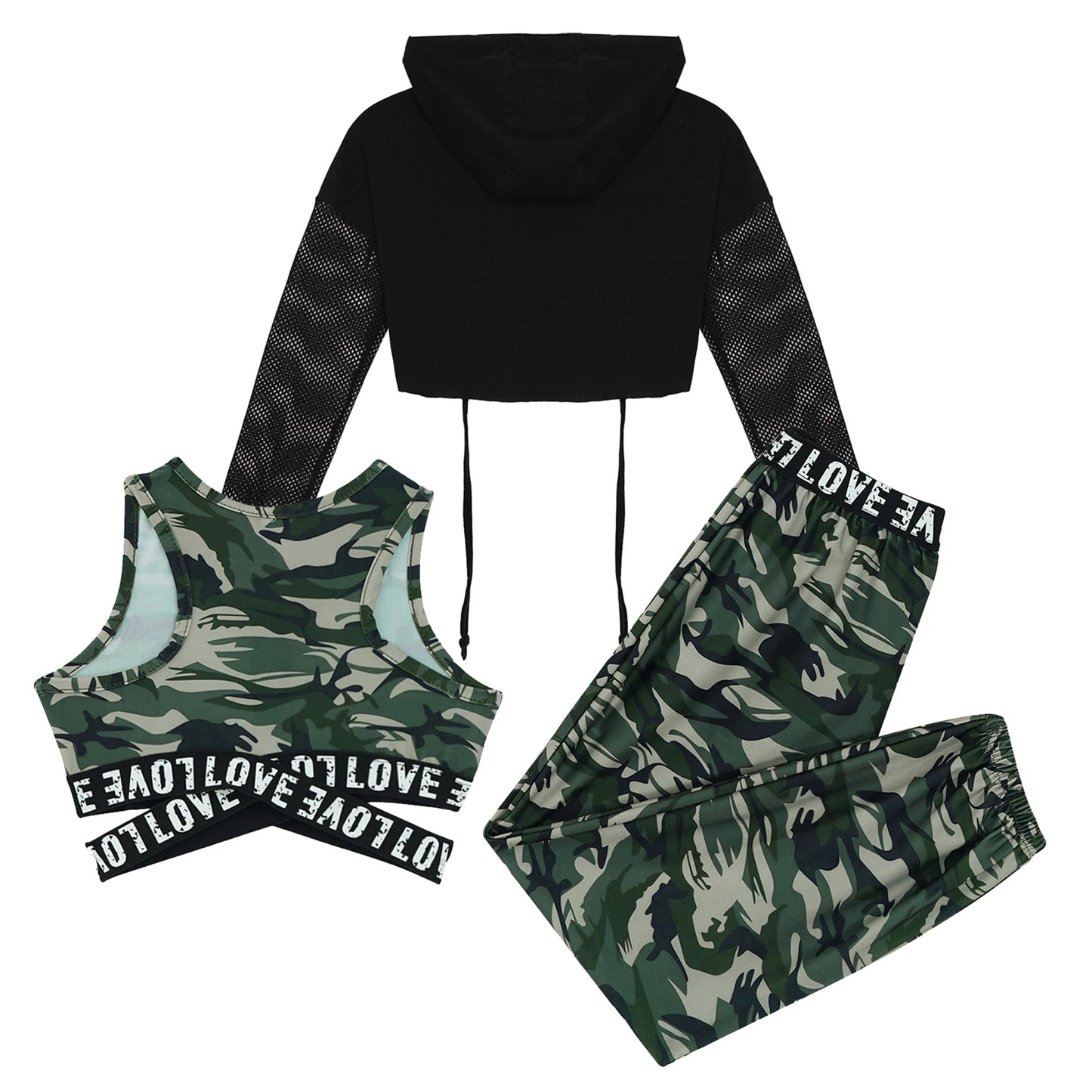 Girls Hip Hop Long Sleeve Drawstring Hooded Tops with Crop Top Pants Tracksuit (Age 6-14YRS)