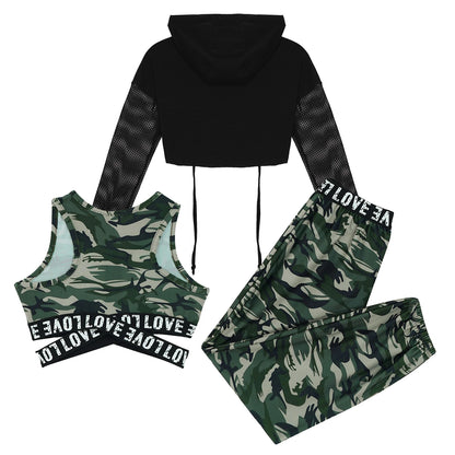 Girls Hip Hop Long Sleeve Drawstring Hooded Tops with Crop Top Pants Tracksuit (Age 6-14YRS)