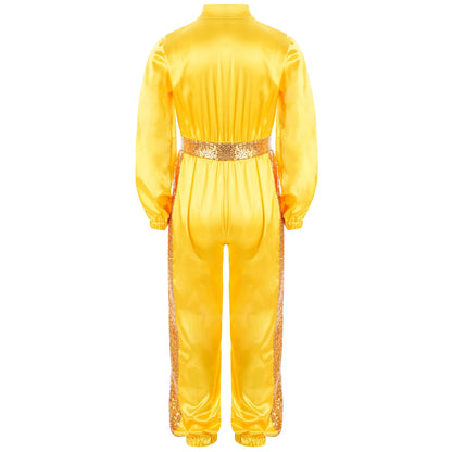 Girls Sequin Satin m Long Sleeve Zipper Jumpsuit (Age 6-16 YRS)