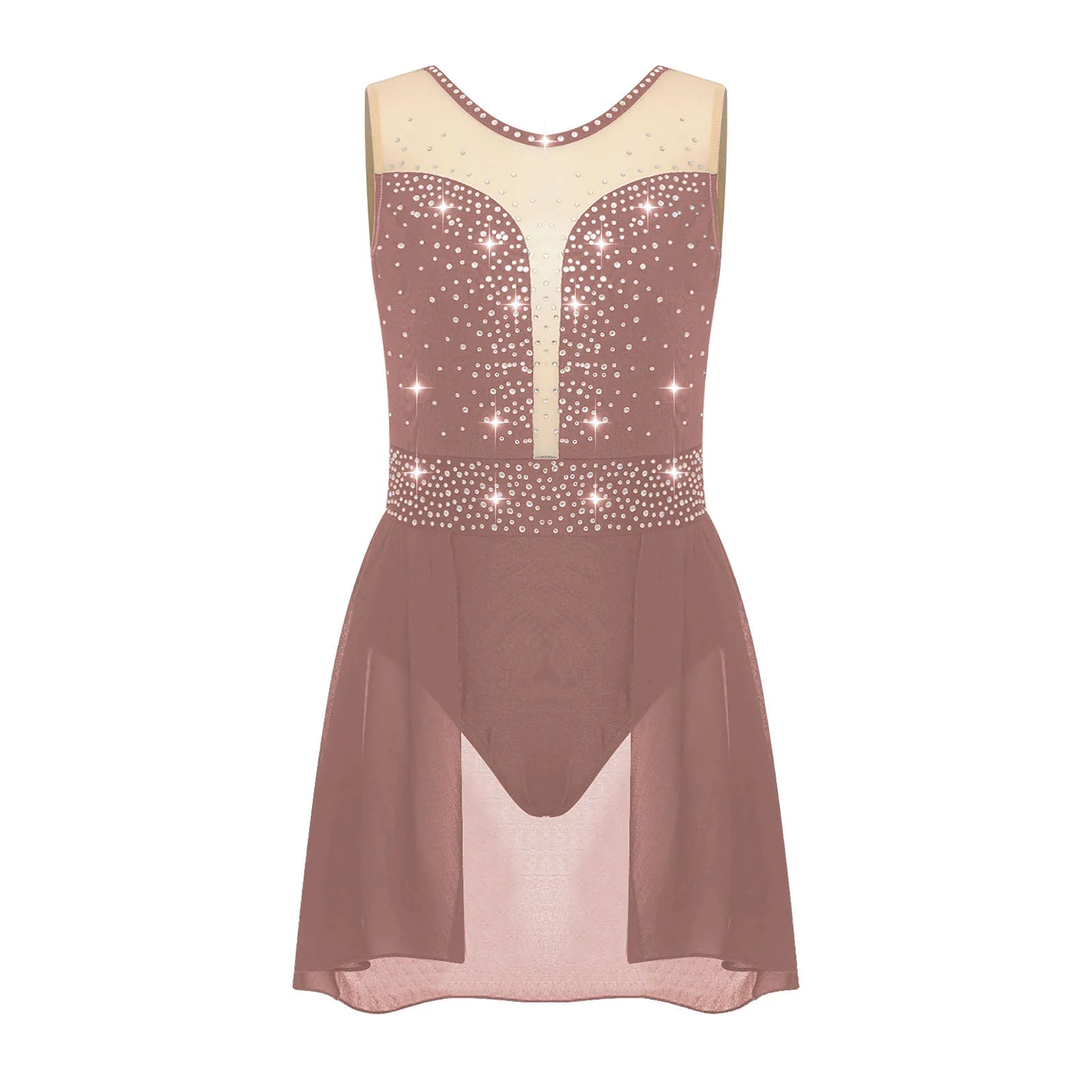 Rhinestone Gymnastics Figure Skating Dress for Teen Girls Sleeveless Sheer Mesh Tutu Ballet Leotard Lyrical Performance Costume