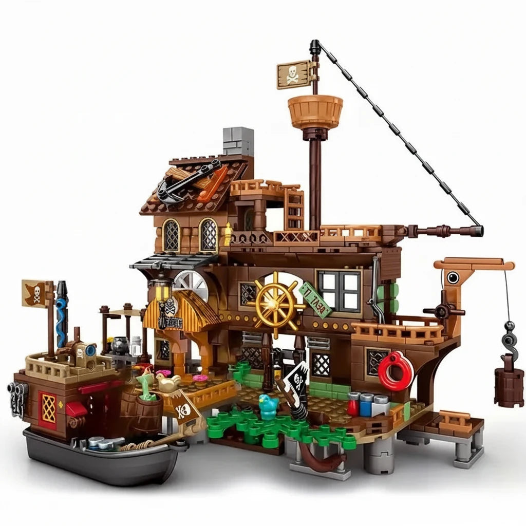 RiceBlock Island Storm Pirate Wharf Building Brick Set | Fortress, Ship & Adventure Scene