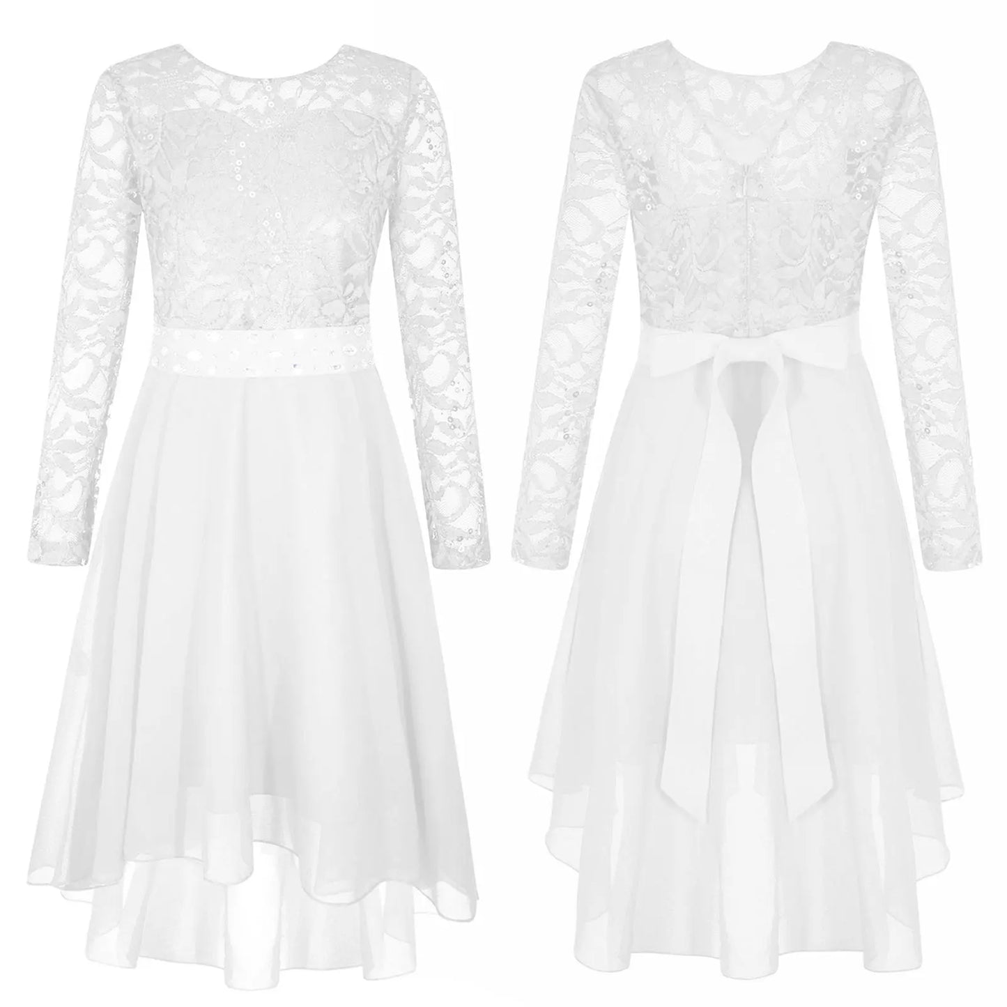 Girls Lace Chiffon Long Sleeve High-Rhinestone Sash Dress (Age 6-16 YRS) Ivory