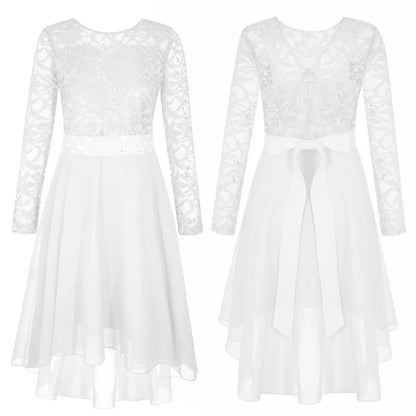 Girls Lace Chiffon Long Sleeve High-Rhinestone Sash Dress (Age 6-16 YRS) Ivory