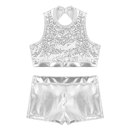 Girls Dance Costume Sequin Crop Top & Shorts Set (Age 6-12 YRS)